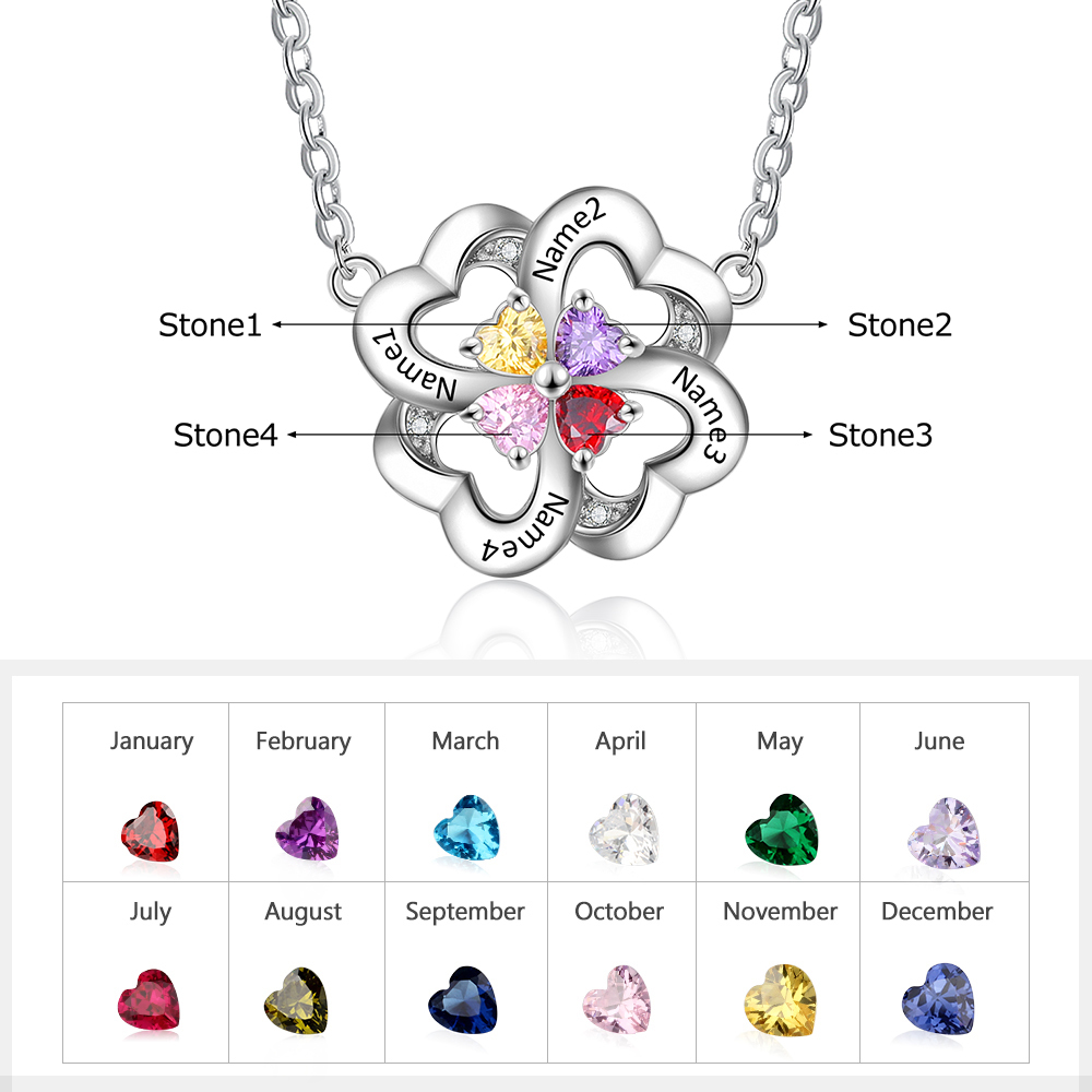 Personalised Heart Necklace With 4 birthstones Engraved Names Gift For Women-Jessemade AU