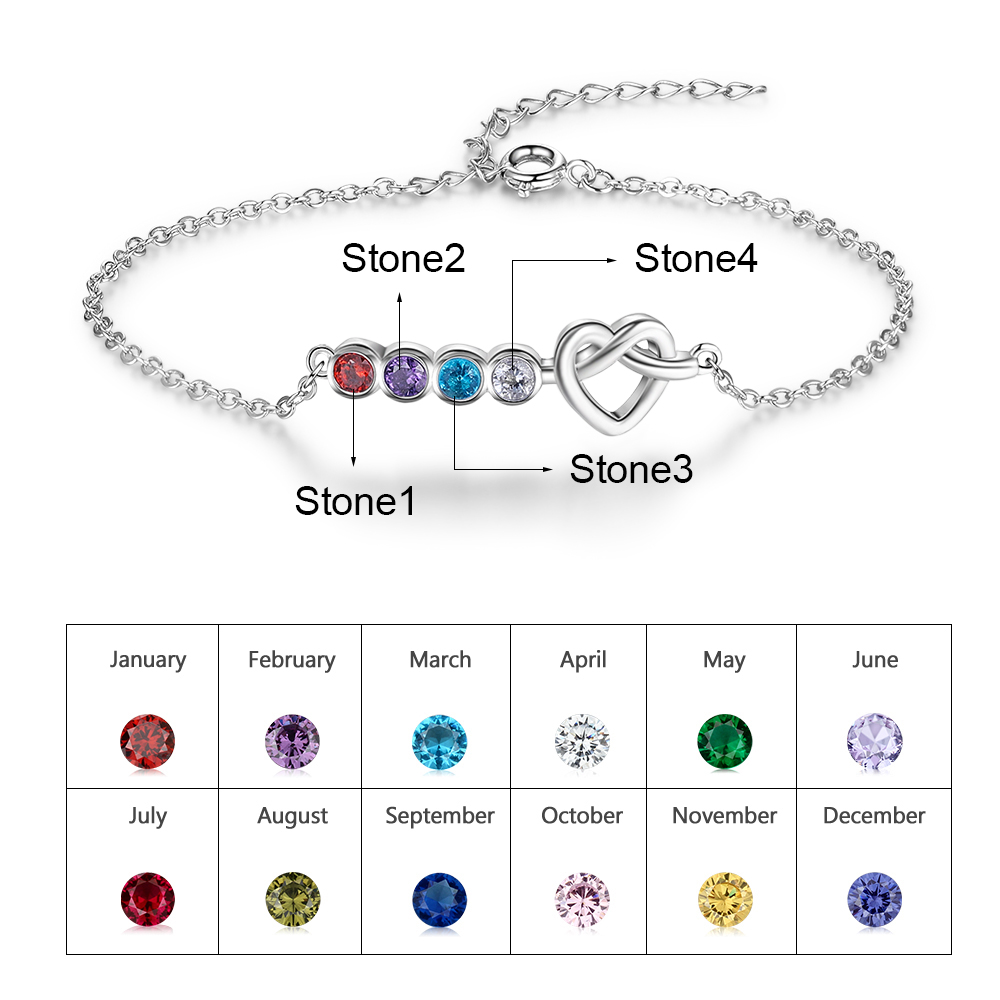 Personalised Heart Bracelet With 4 Birthstones Bracelet Gift For Women-Jessemade AU