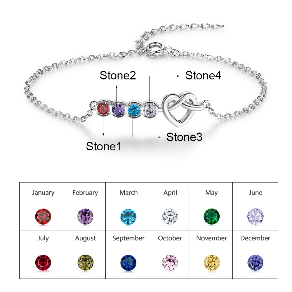 Personalised Heart Bracelet With 4 Birthstones Bracelet Gift For Women-Jessemade AU