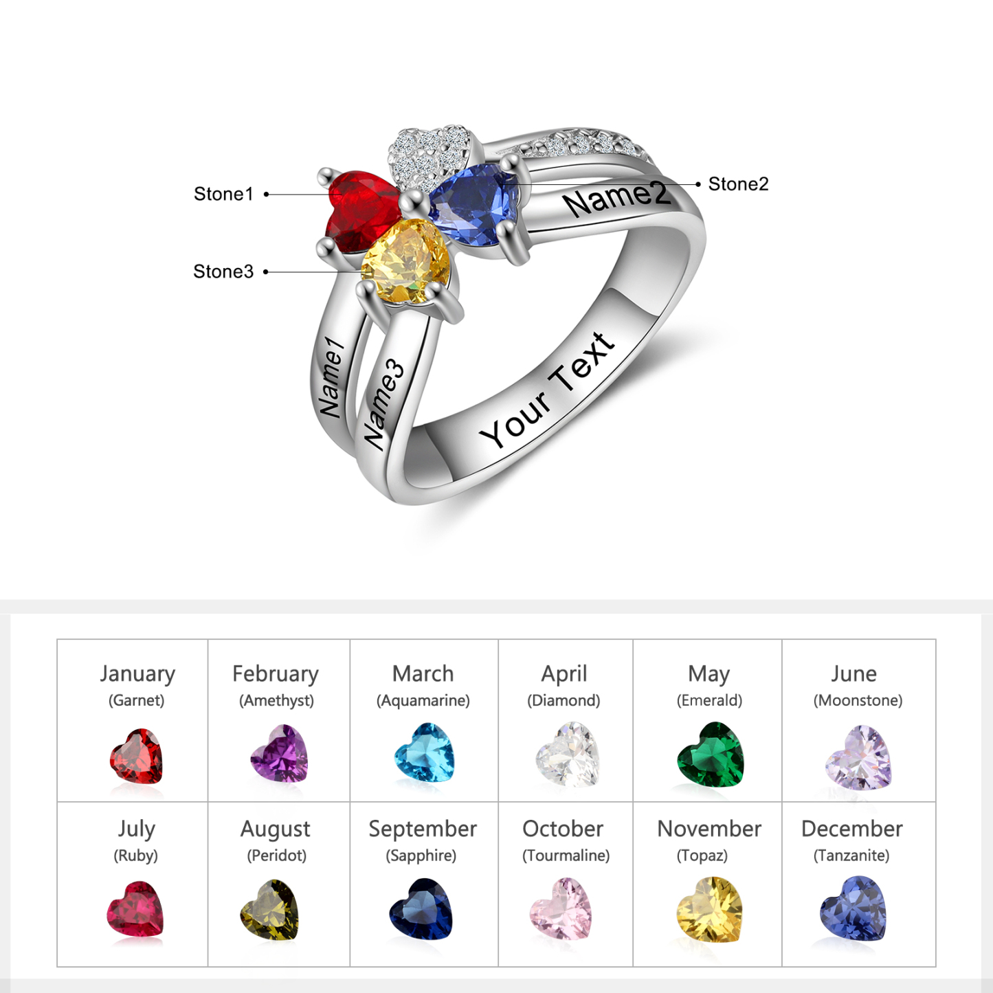 Personalised Ring With 3 Birthstones Engraved Names Ring Best Gift For Women-Jessemade AU