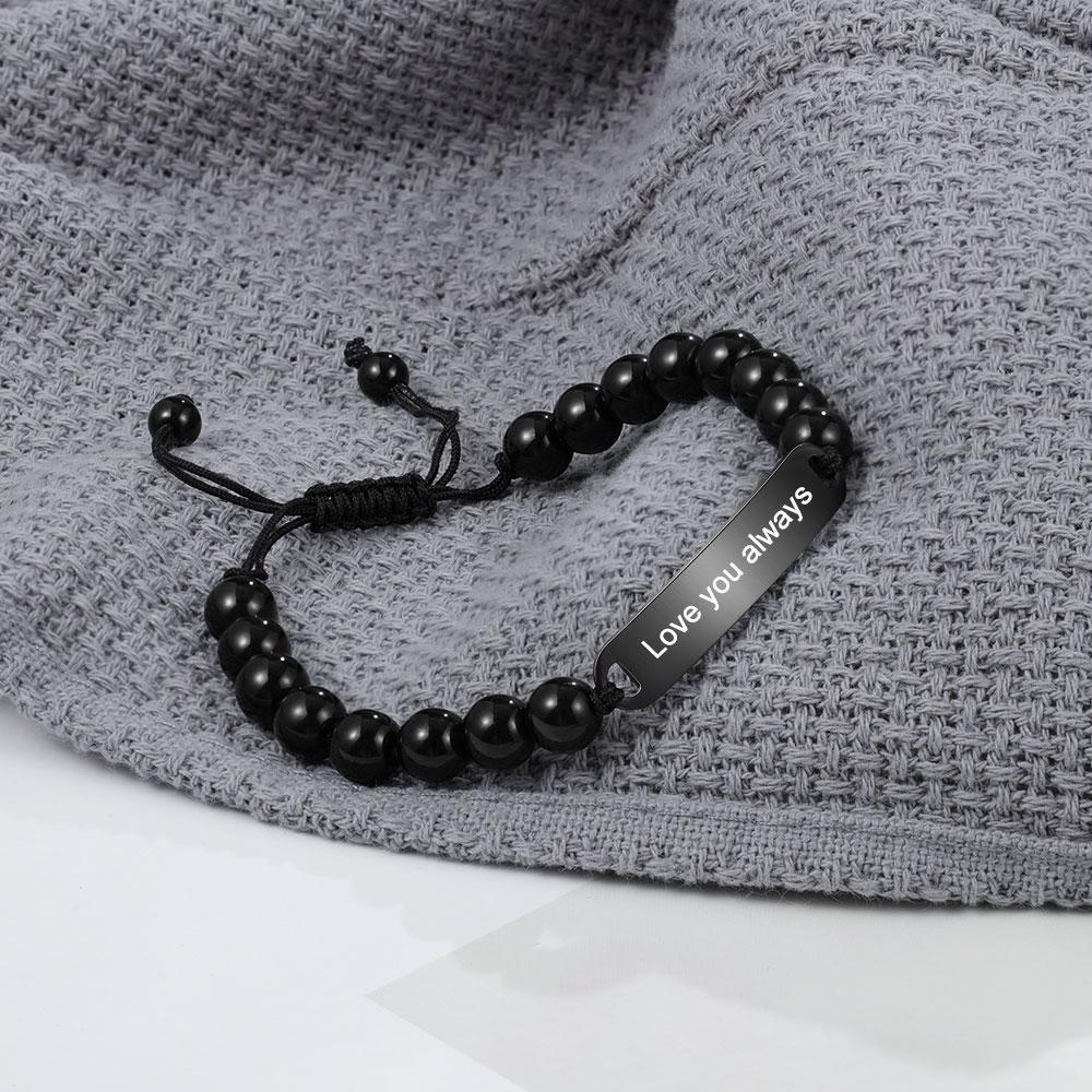 Men Black Beads Bracelet with Engraved Bar Custom Bracelets Personalised Gifts for Him-Jessemade AU