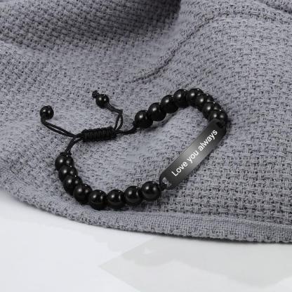 Men Black Beads Bracelet with Engraved Bar Custom Bracelets Personalised Gifts for Him-Jessemade AU