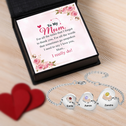 3 Names - Personalised Heart Bracelet Custom Names & Birthstones Family Bracelet Gifts for Her-Jessemade AU