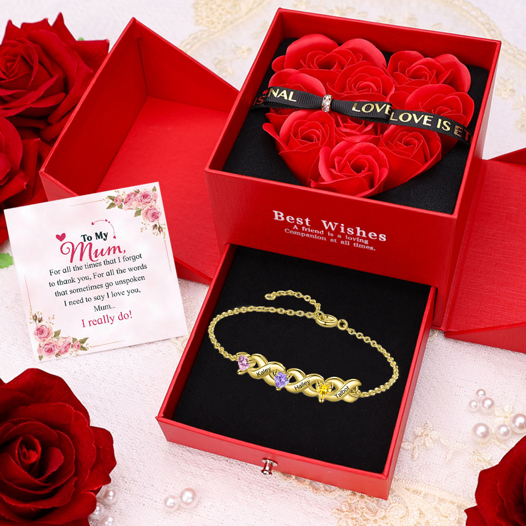 Family Custom Bracelet Heart Personalised with 3 Birthstones Gift Box Set-Jessemade AU
