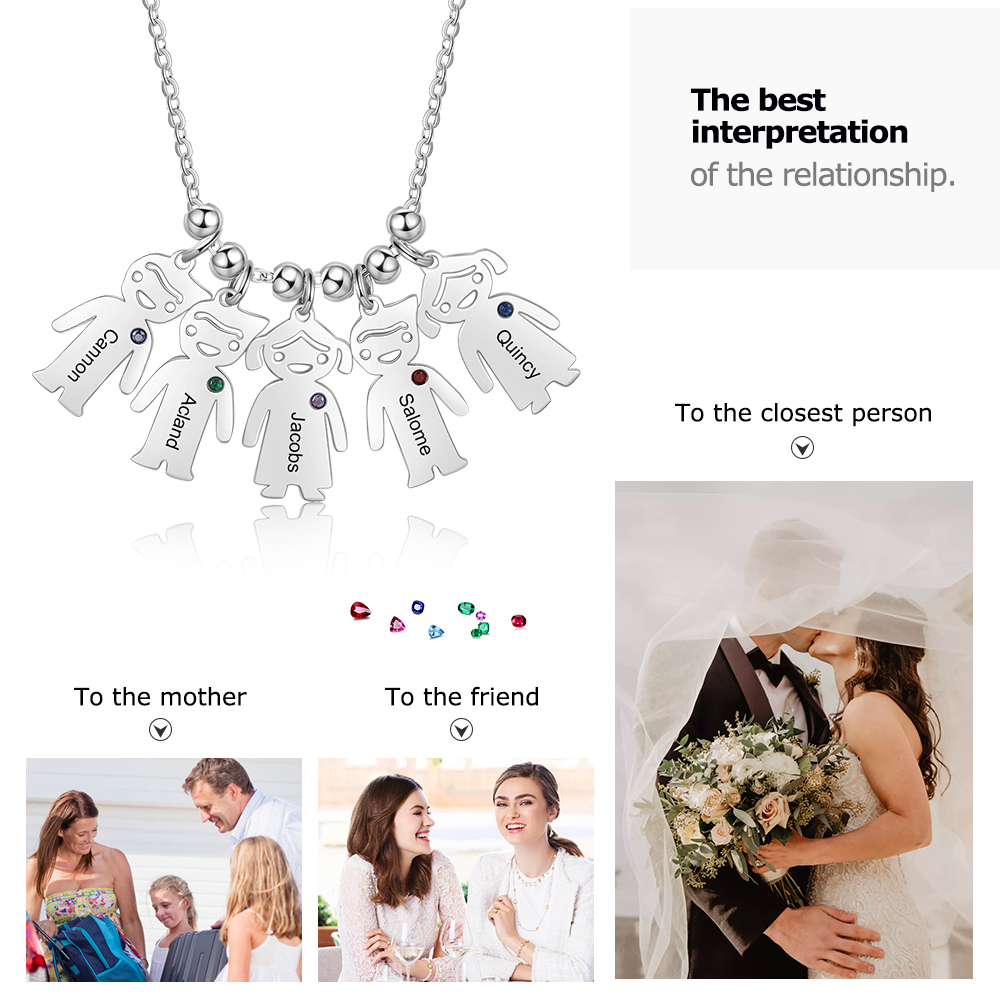 Personalised Kids Charm Necklace With 5 Birthstones Engraved Names Gift For Mother-Jessemade AU