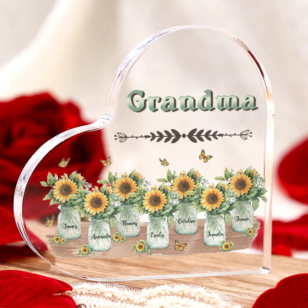Personalised Acrylic Heart Keepsake Custom 7 Names & 1 Text Sunflower Vase Ornament Gifts for Mother/Grandma-Jessemade AU