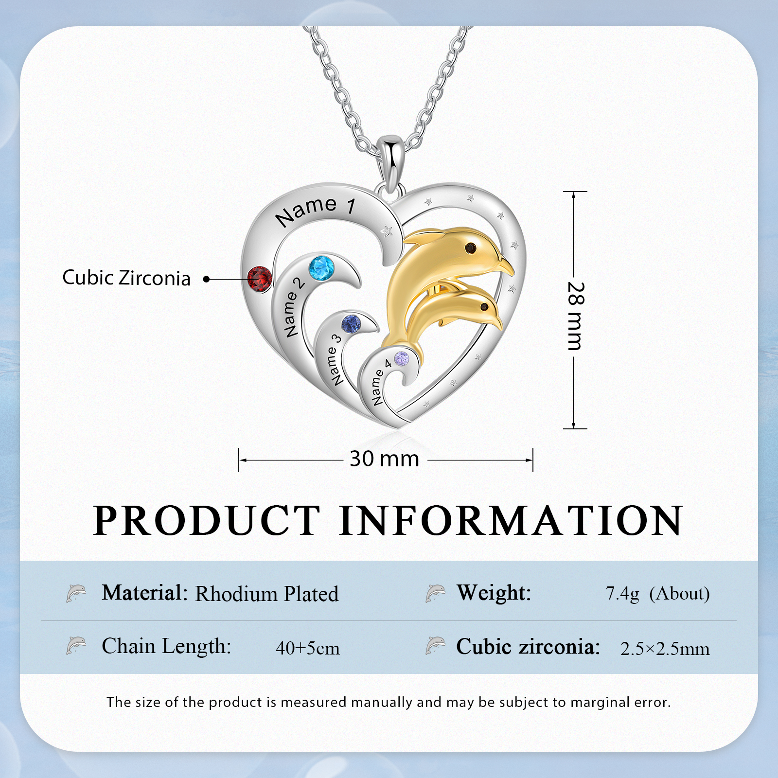 Personalised Heart Dolphin Pendant Necklace Custom 4 Birthstones Engraved 4 Names Necklace Gift for Her-Jessemade AU