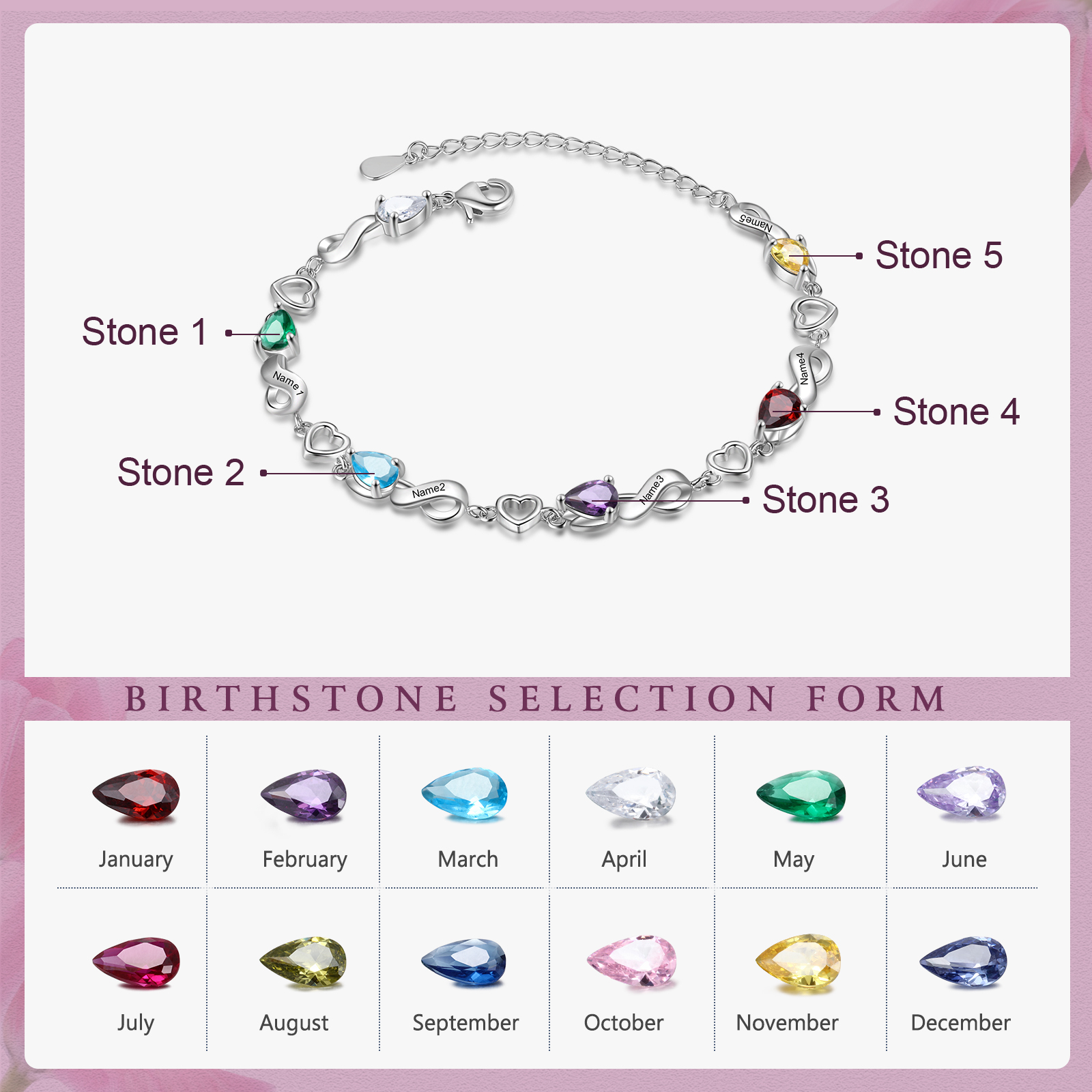 Personalised 5 Birthstones Heart Bracelet Engraved Names Bracelet Gifts For Women-Jessemade AU