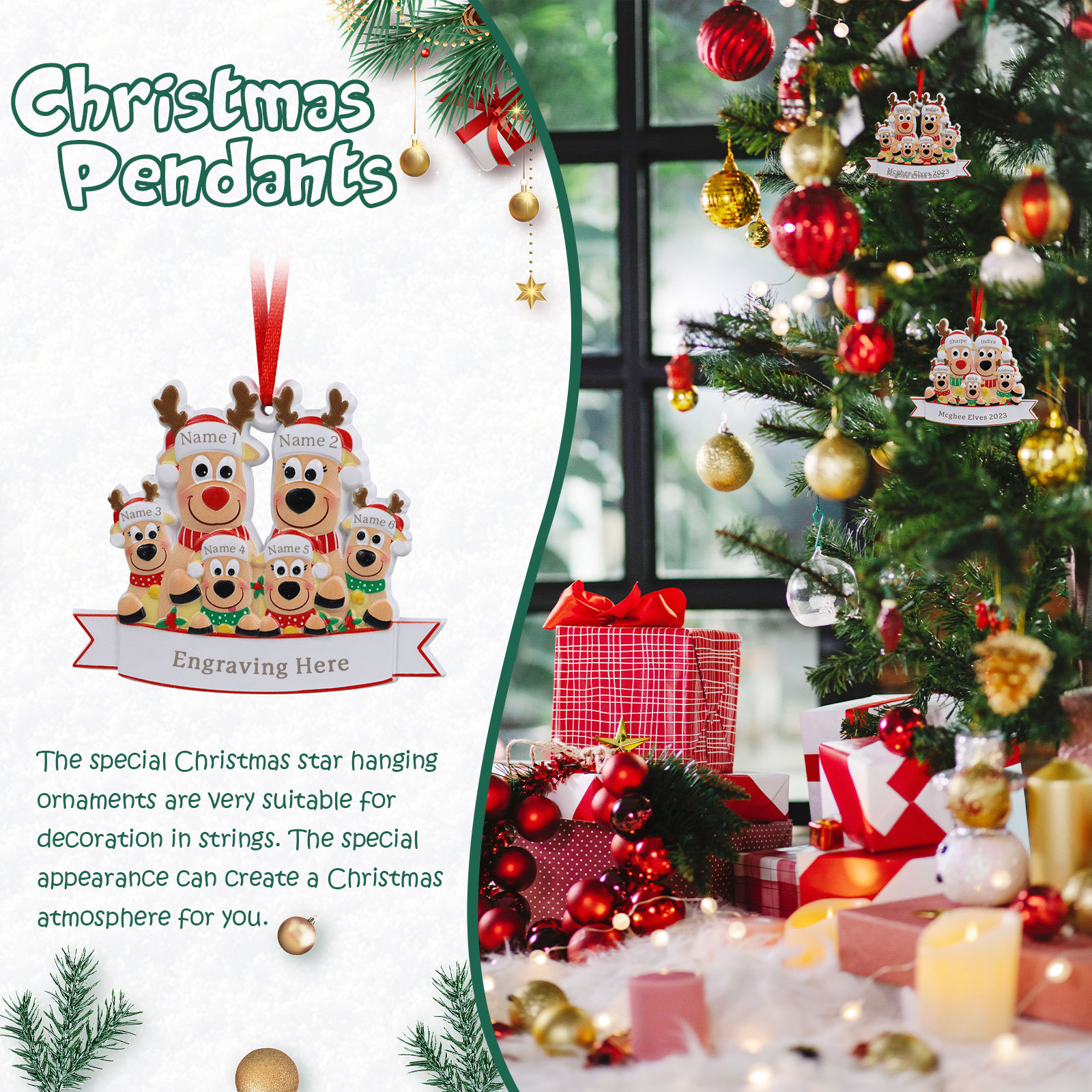 Personalised 6 Names & Text Reindeer Christmas Ornament Resin Christmas Tree Pendant for Family-Jessemade AU