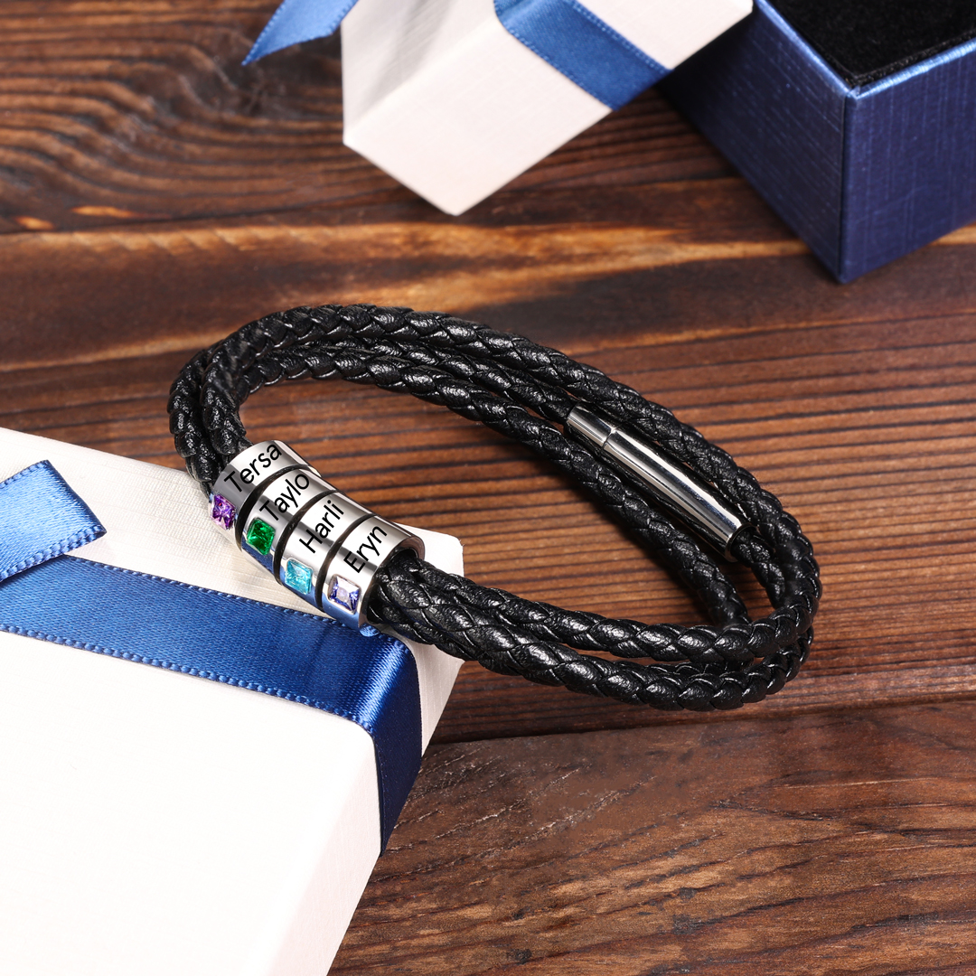 Personalised 3 Layer Leather Bracelet with 2 Beads Engraved Names Men's Bracelets for Him-Jessemade AU