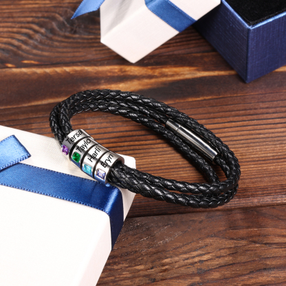 Personalised 3 Layer Leather Bracelet with 2 Beads Engraved Names Men's Bracelets for Him-Jessemade AU