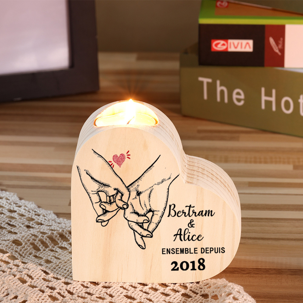 Couple Wooden Heart Candle Holder Pinky Heart Promise Candlesticks-Jessemade AU