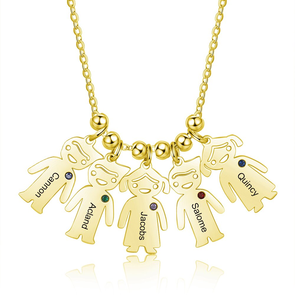 Personalised Kids Charm Necklace With 5 Birthstones Engraved Names Gift For Mother-Jessemade AU