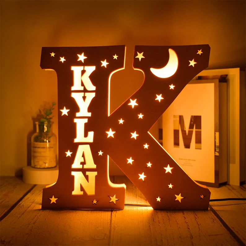 Personalised Big Letter Wooden LED Night Light Engraved 1 Name Lamp-Jessemade AU