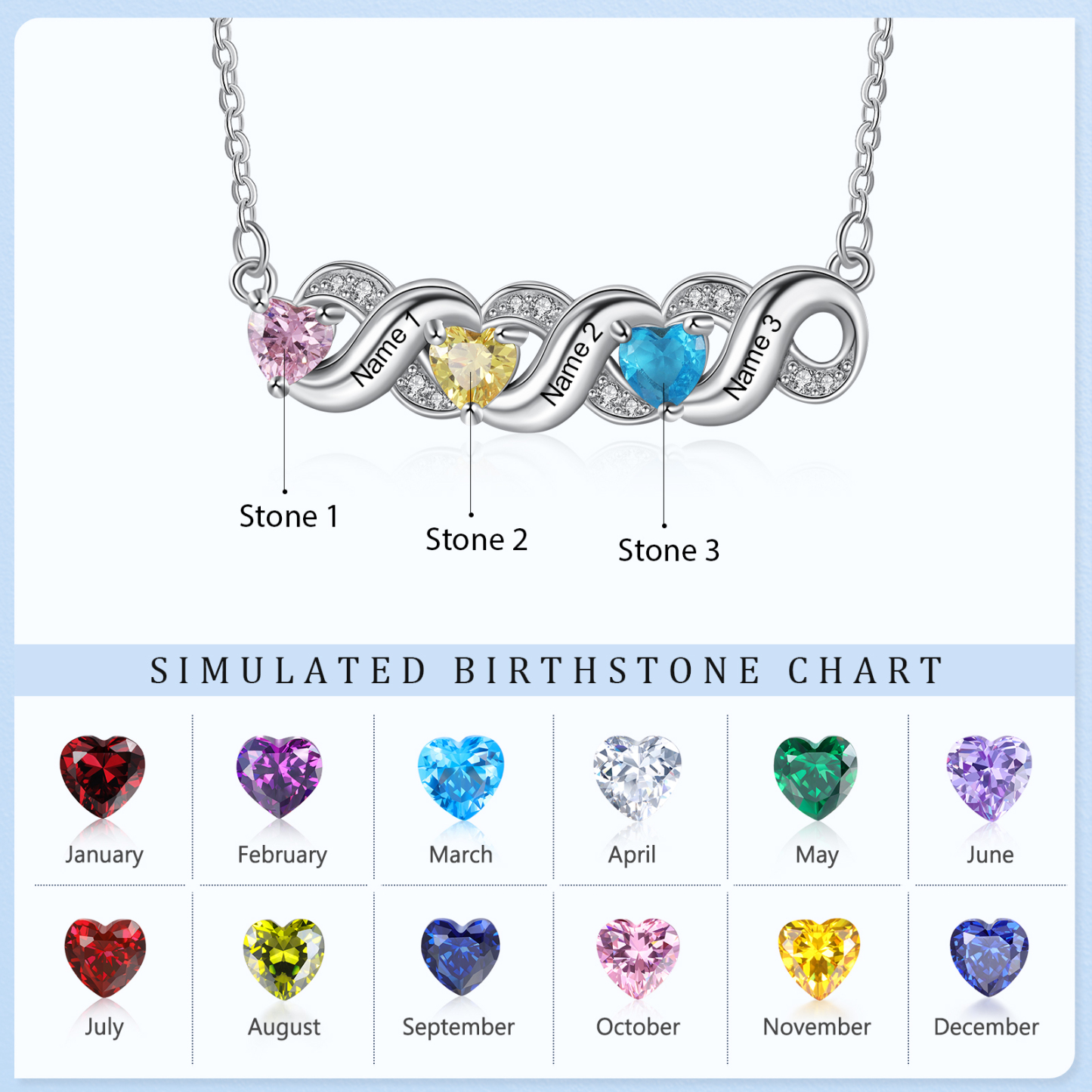 Personalised Heart Birthstone Necklace Custom 3 Names Overlap Necklace Gifts for Her-Jessemade AU