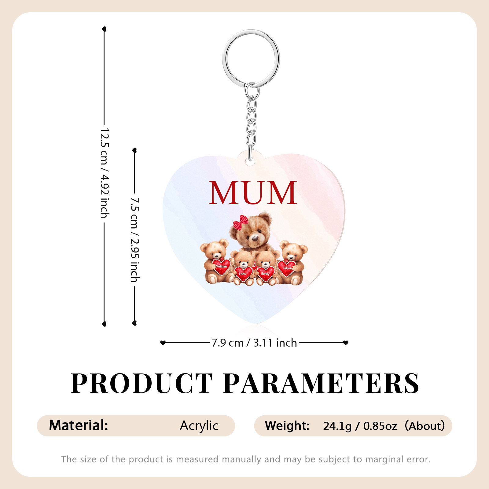 4 Names - Personalised Acrylic Keychain Custom 1 Text Teddy Bears Family Hanging Ornaments Gift for Mum/Grandma-Jessemade AU