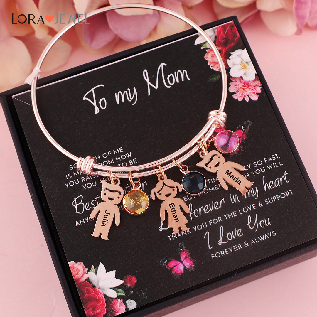 Women Bangle Bracelet with Kids Charms 3 Birthstones Engraved 3 Names Rose Box Set-Jessemade AU