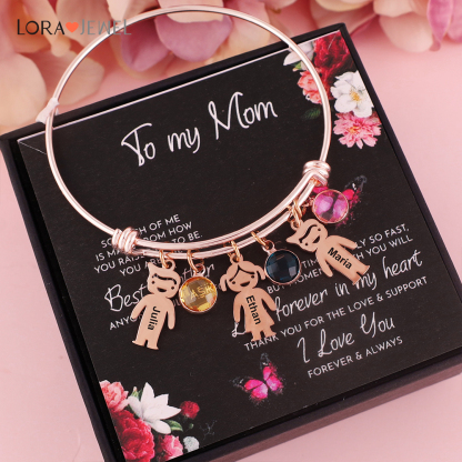 Women Bangle Bracelet with Kids Charms 3 Birthstones Engraved 3 Names Rose Box Set-Jessemade AU