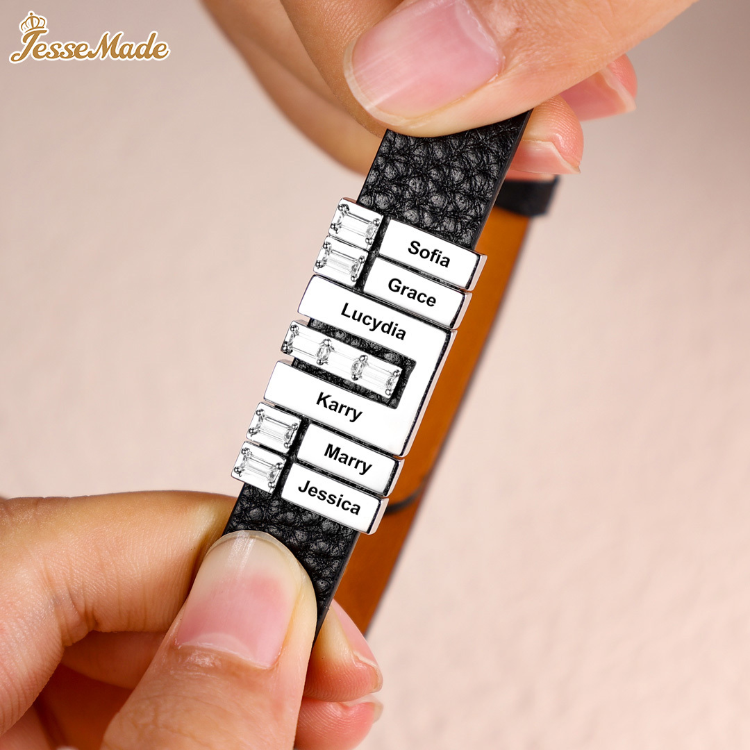 Customised Leather Bracelet with Beads Engraved 5 Names Bangle for Him-Jessemade AU