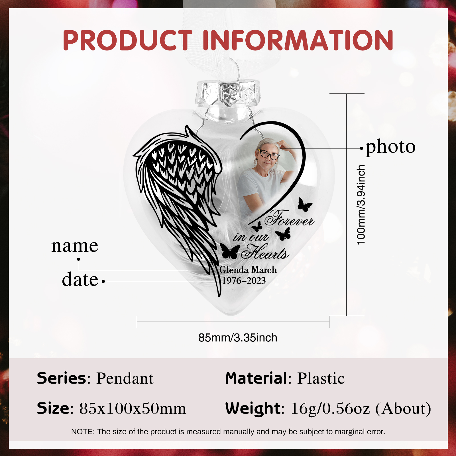 Heart Christmas Memorial Ornaments Custom Name & Date & Photo Feather Ornament Commemorate Deceased Loved Ones - Forever In Our Hearts-Jessemade AU