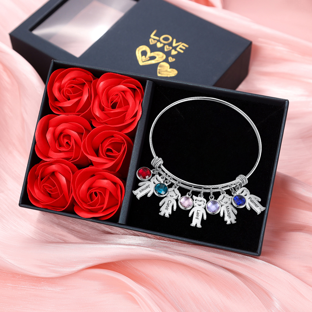 Women Bangle Bracelet with Kids Charms 5 Birthstones Engraved 5 Names Rose Box Set