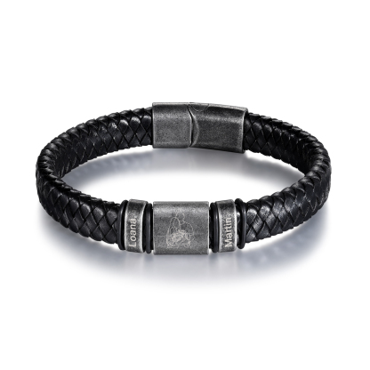 2 Names - Personalised Men's Leather Braided Bracelet Custom Name & Photo Bracelet Vintage Gift for Him-Jessemade AU