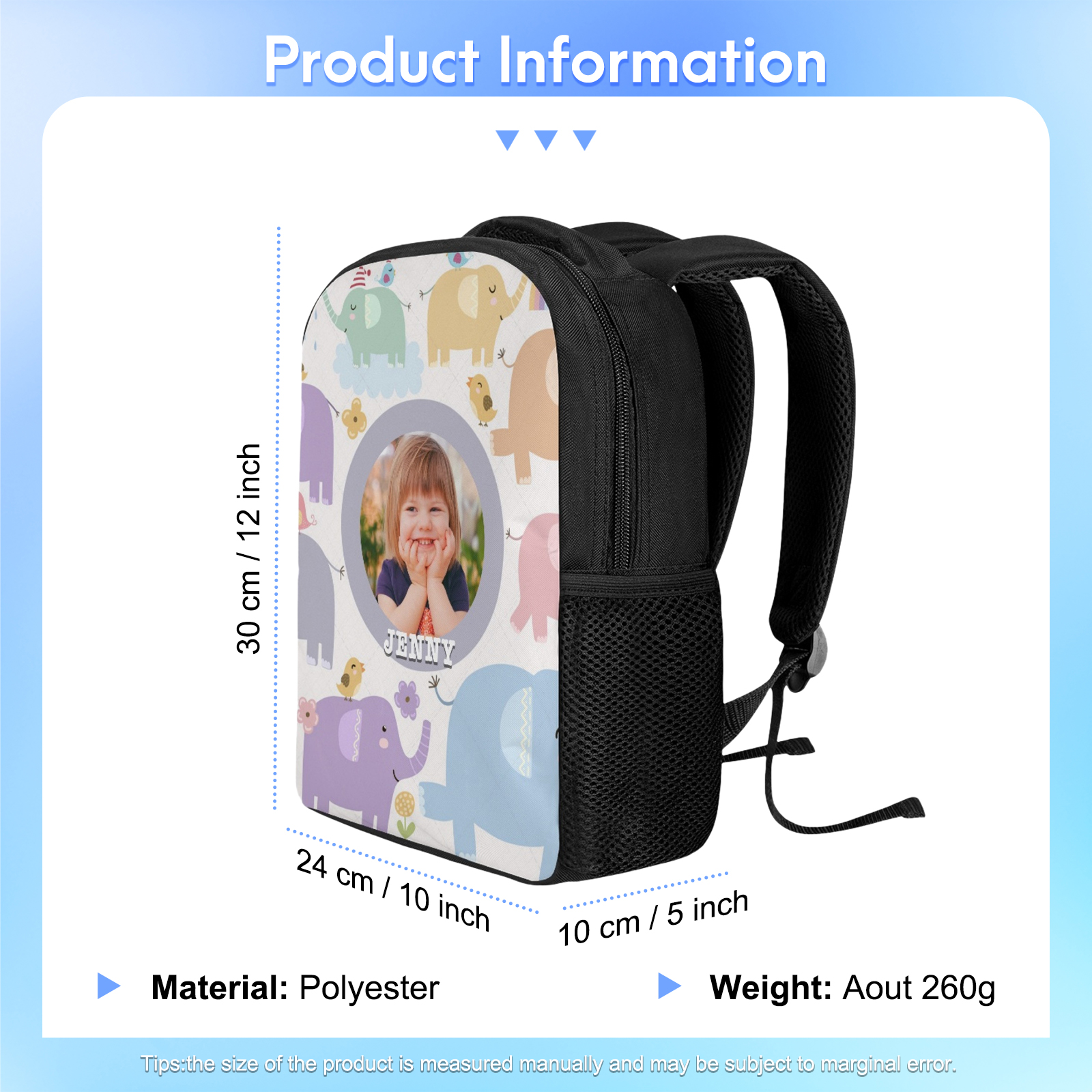Personalised School Bag Custom Name And Photo Schoolbag Elephant Backpack for Kids-Jessemade AU