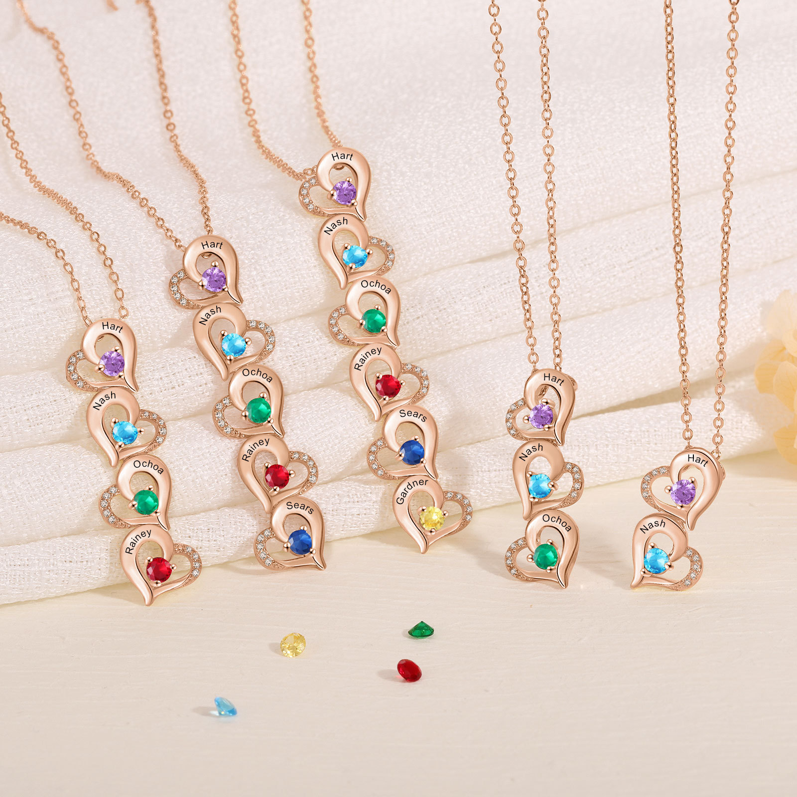 5 Names - Personalised Heart Pendant Necklace Custom Birthstones & Names Necklace Birthday Gift for Her-Jessemade AU