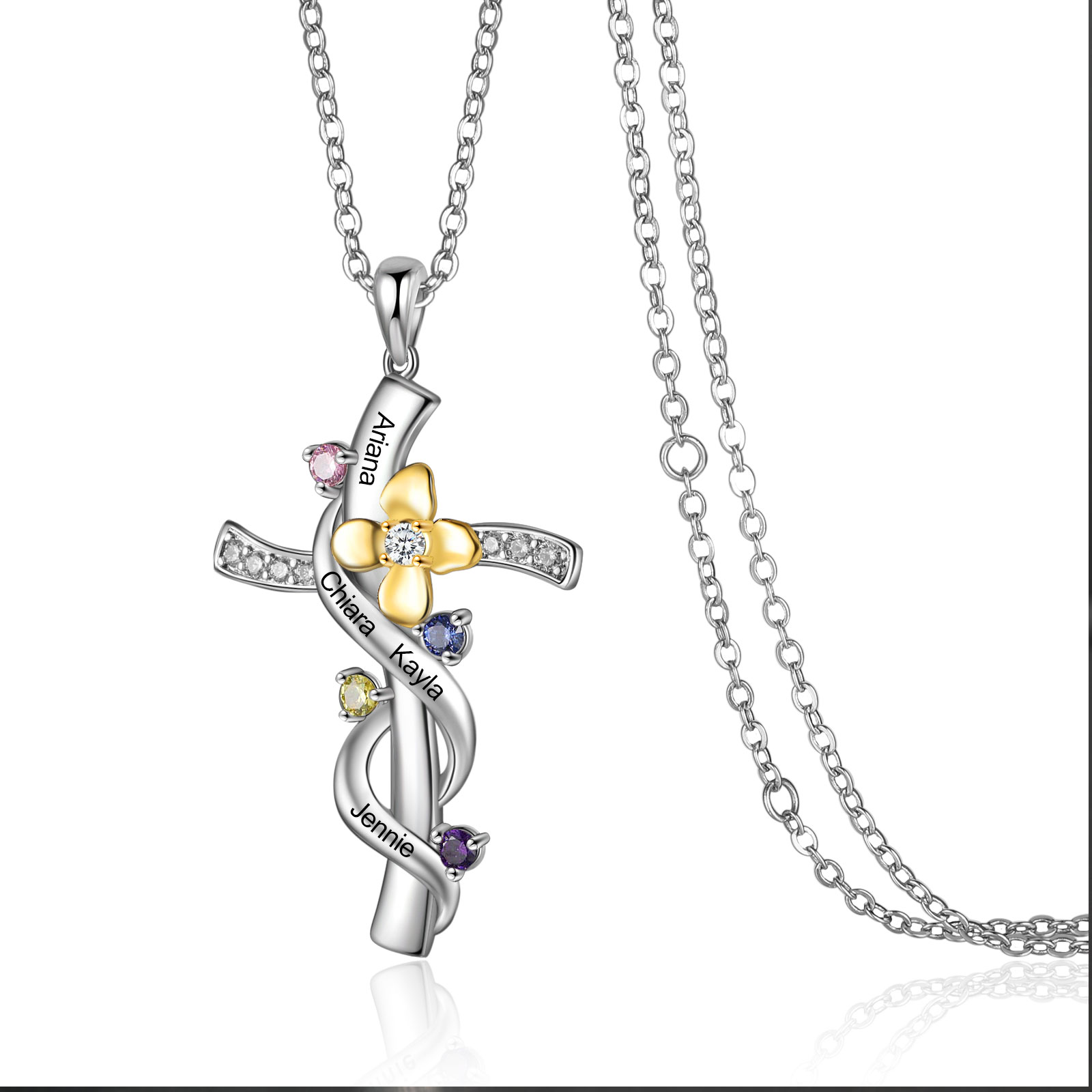 Personalised Faith Cross Necklace With Names Custom 4 Birthstones Flower Necklace Gifts for Women-Jessemade AU