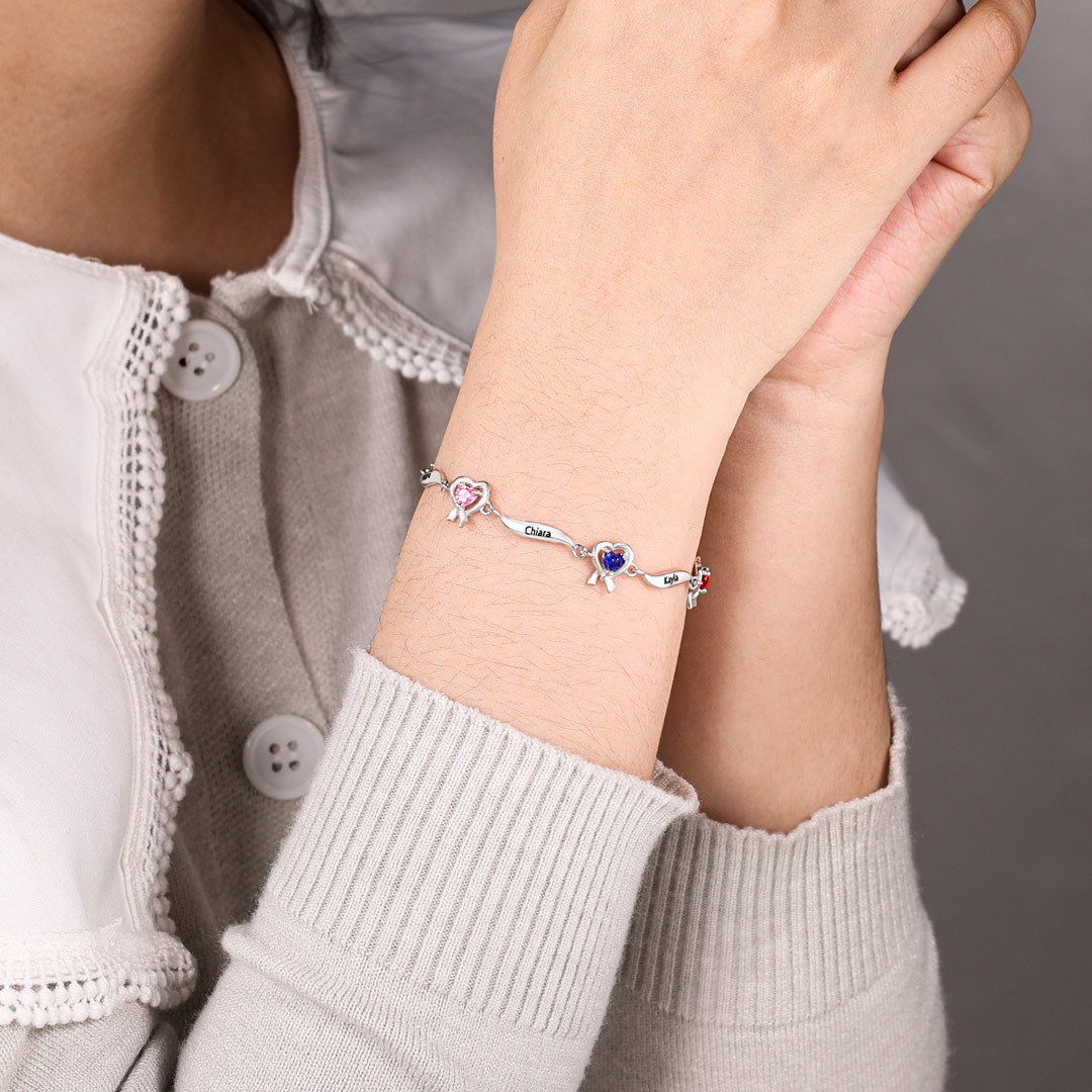 Personalised Heart Bracelet with 6 Birthstones Engraved Names Bracelet Gifts For Her-Jessemade AU