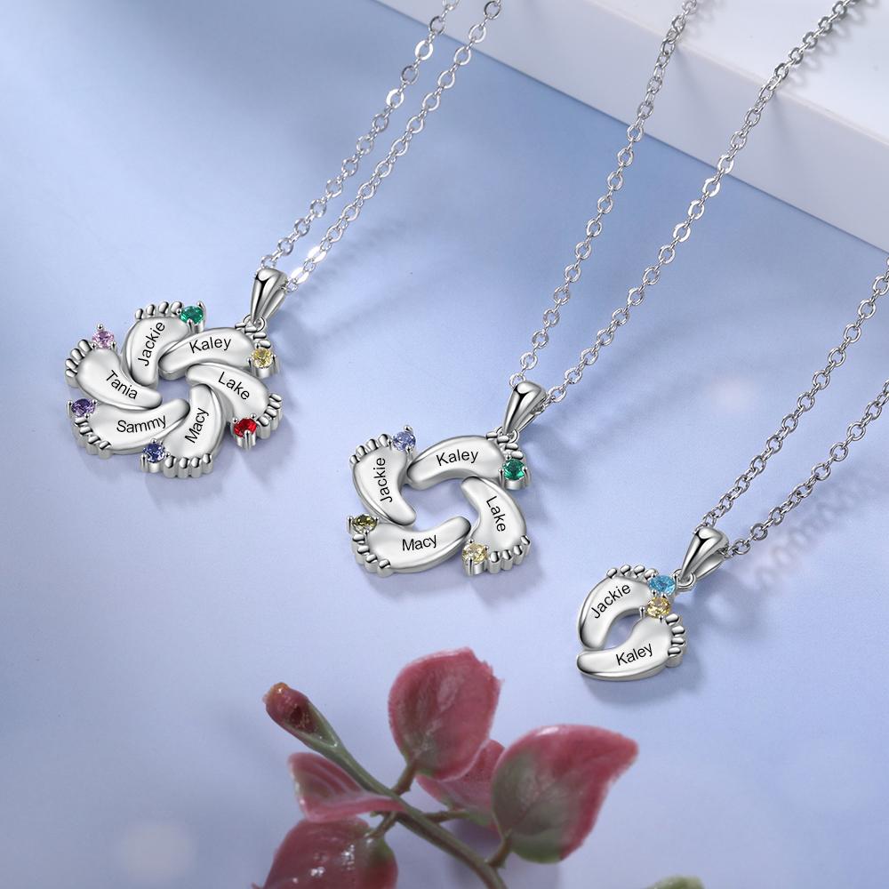 Baby Feet Necklace Custom 4 Birthstones Family Gifts Set for Mum