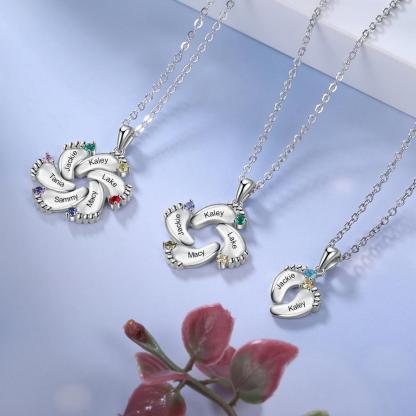 Baby Feet Necklace Custom 4 Birthstones Family Gifts Set for Mum