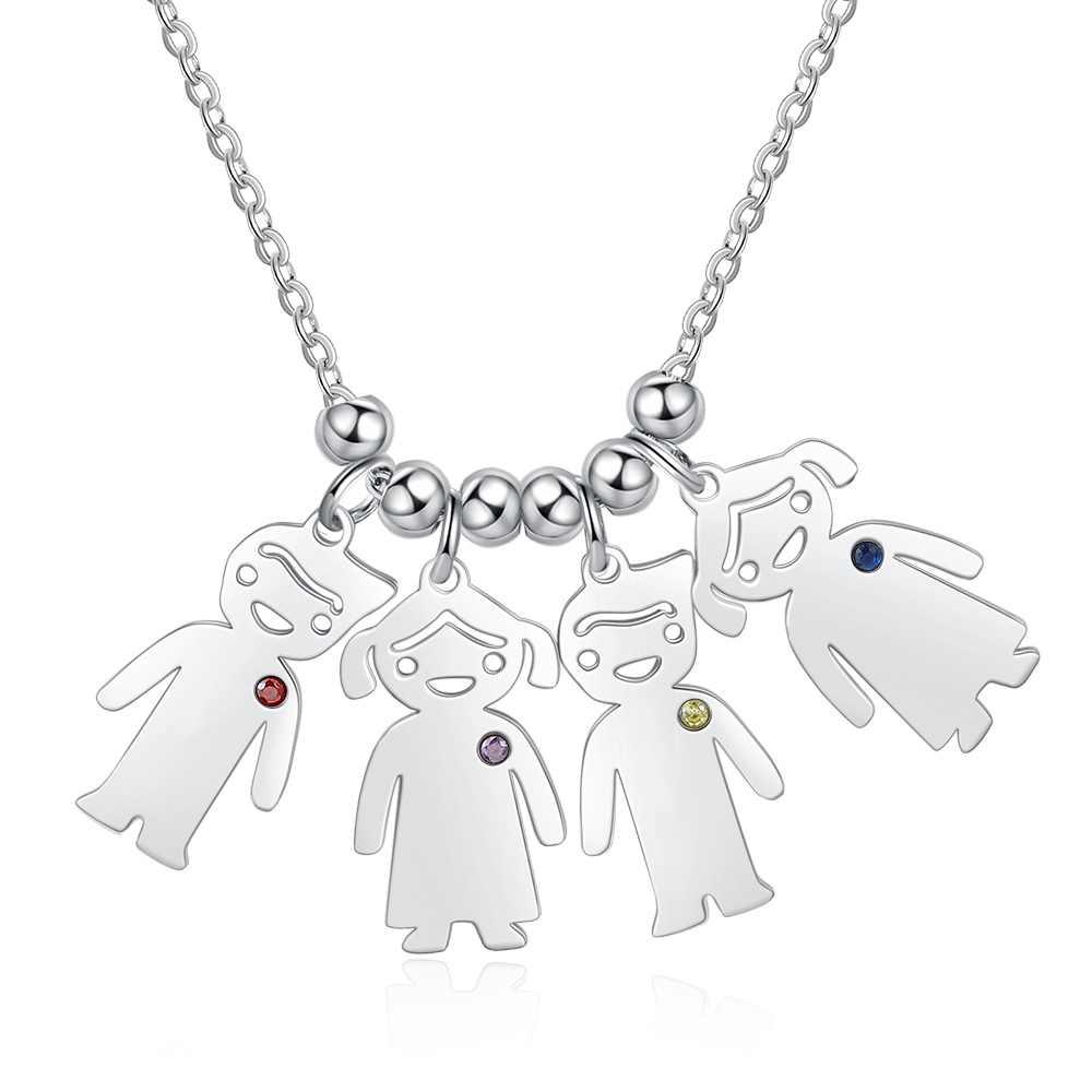 Personalised Kids Charm Necklace With 4 Birthstones Engraved Names Gift For Mother-Jessemade AU