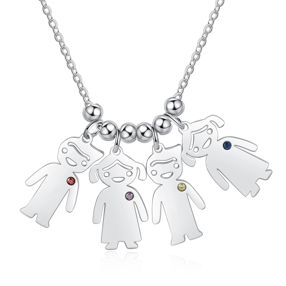 Personalised Kids Charm Necklace With 4 Birthstones Engraved Names Gift For Mother-Jessemade AU