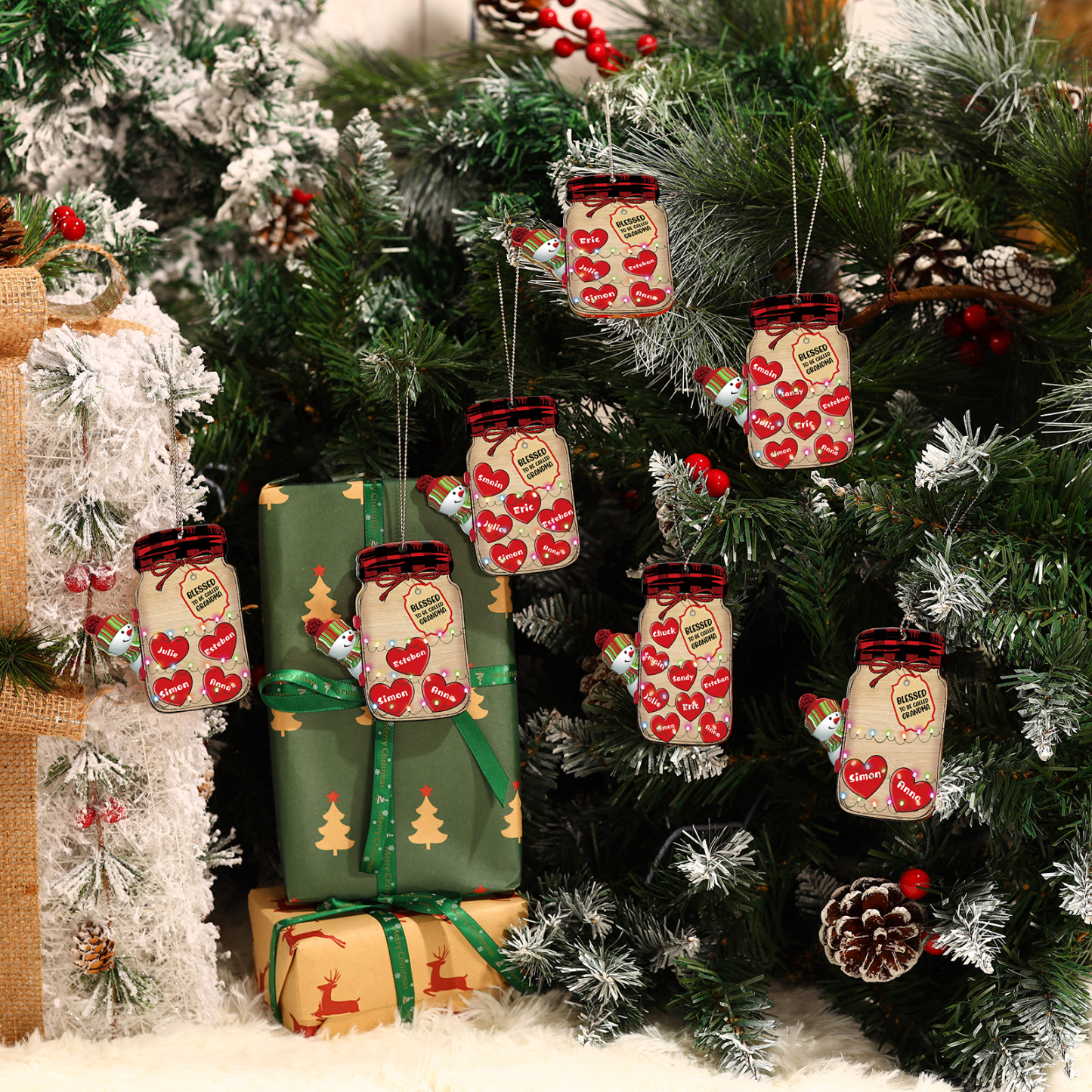 2 Names - Personalised Heart Christmas Ornament Customised Name & Text Acrylic Snowman Hanging Ornaments Jar Gift for Family-Jessemade AU