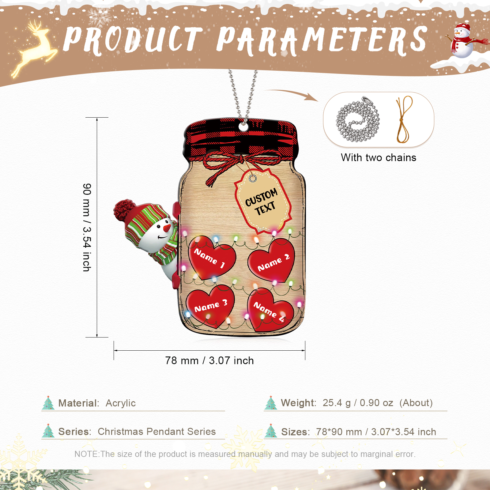 4 Names - Personalised Heart Christmas Ornament Customised Name & Text Acrylic Snowman Hanging Ornaments Jar Gift for Family-Jessemade AU