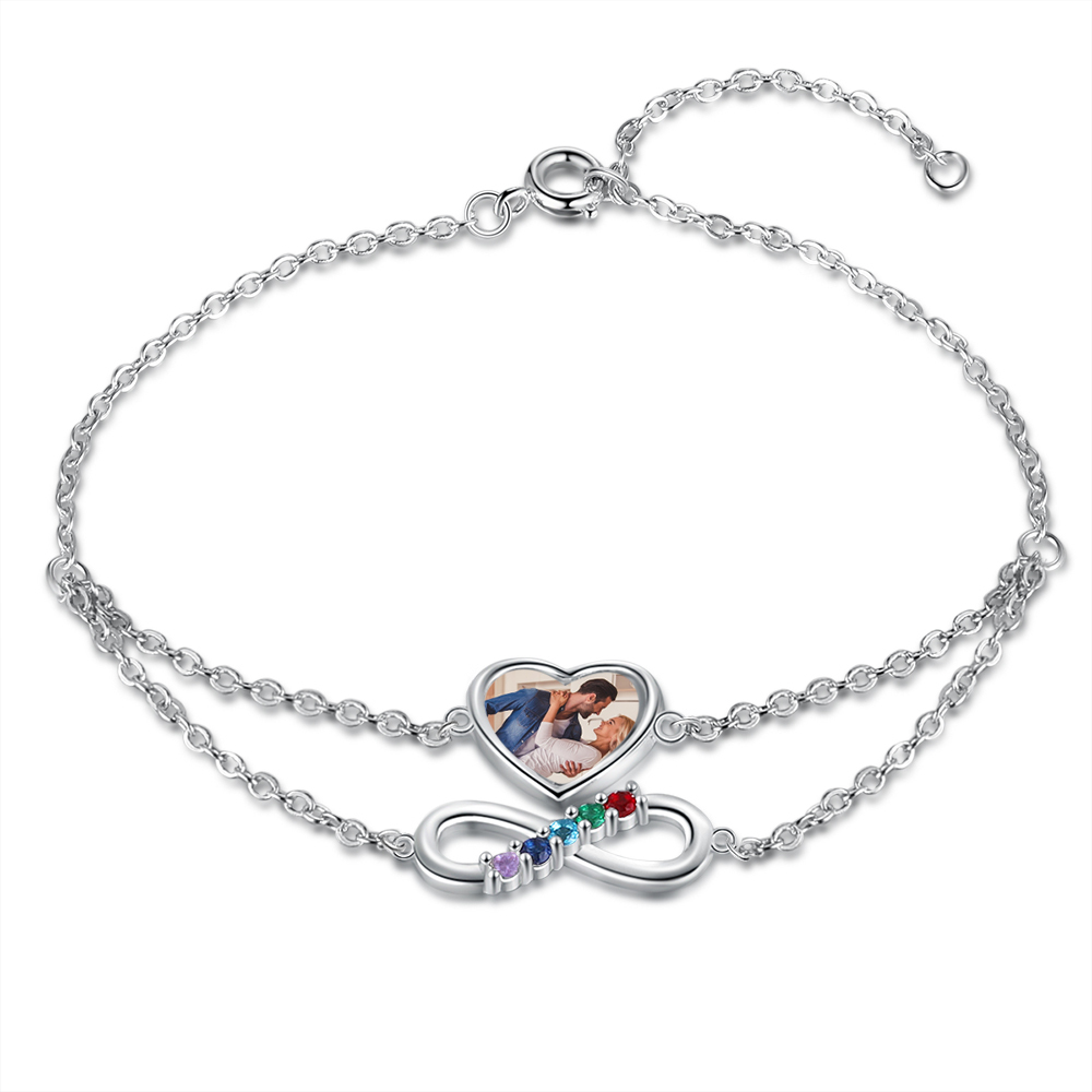 Personalised Heart Photo Bracelet With 5 Birthstones Custom Photo Bracelet Gifts For Her-Jessemade AU