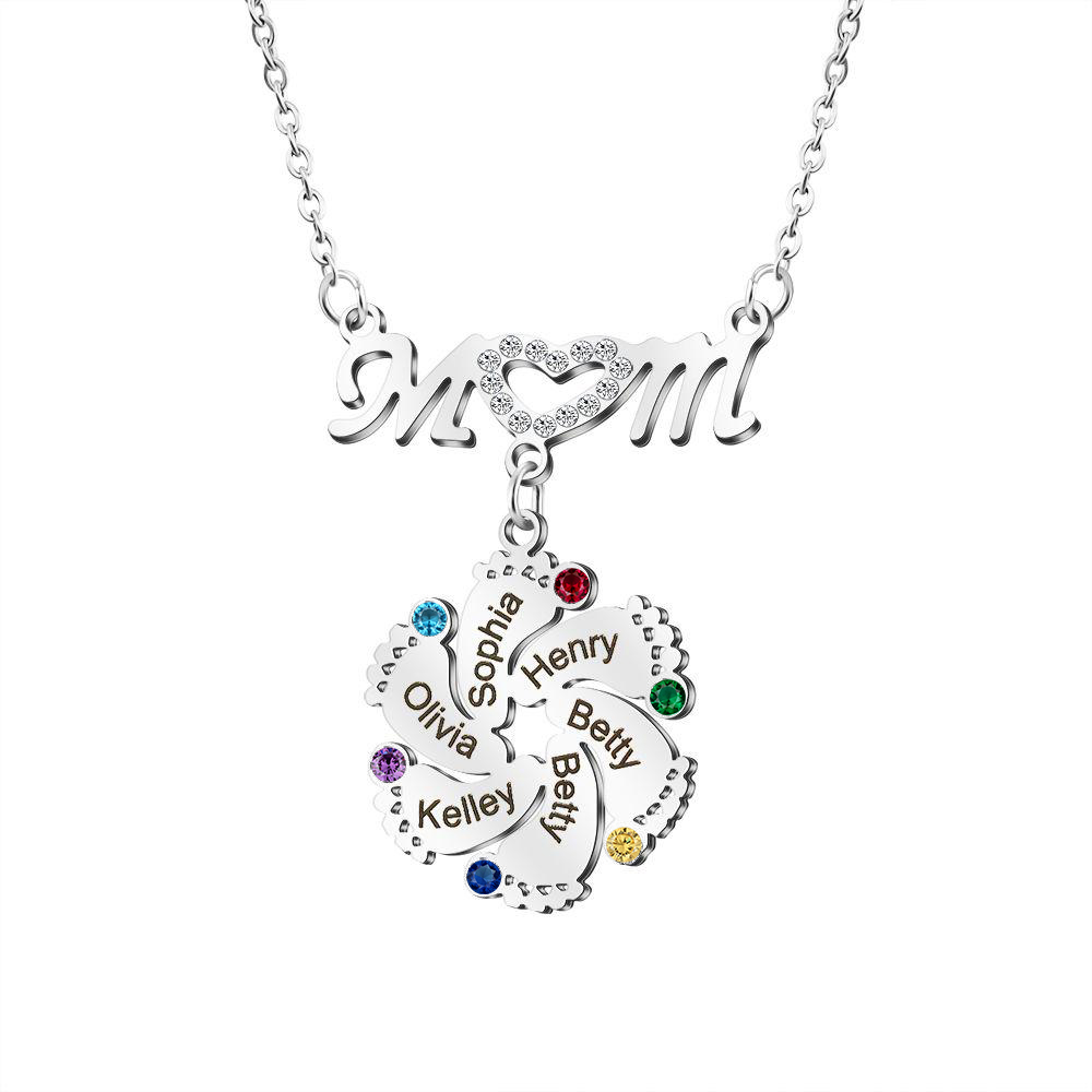 Mom Necklace Customised Baby Feet Necklace with Birthstones Engraving 6 Names Gifts for Her-Jessemade AU