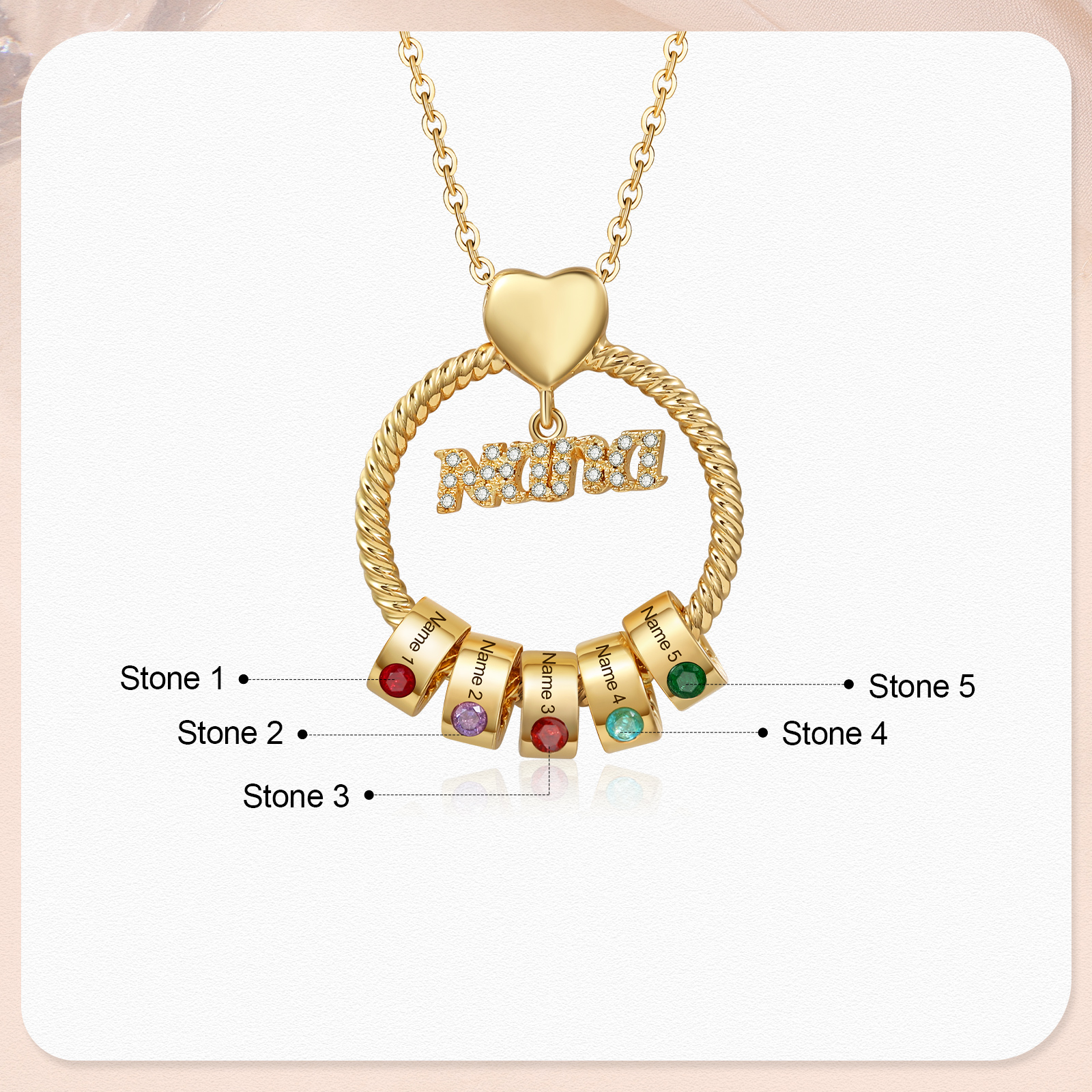 5 Names - Personalised Nana Necklace Custom Names & Birthstones Circle Pendant Necklace Gift for Grandma Nana-Jessemade AU