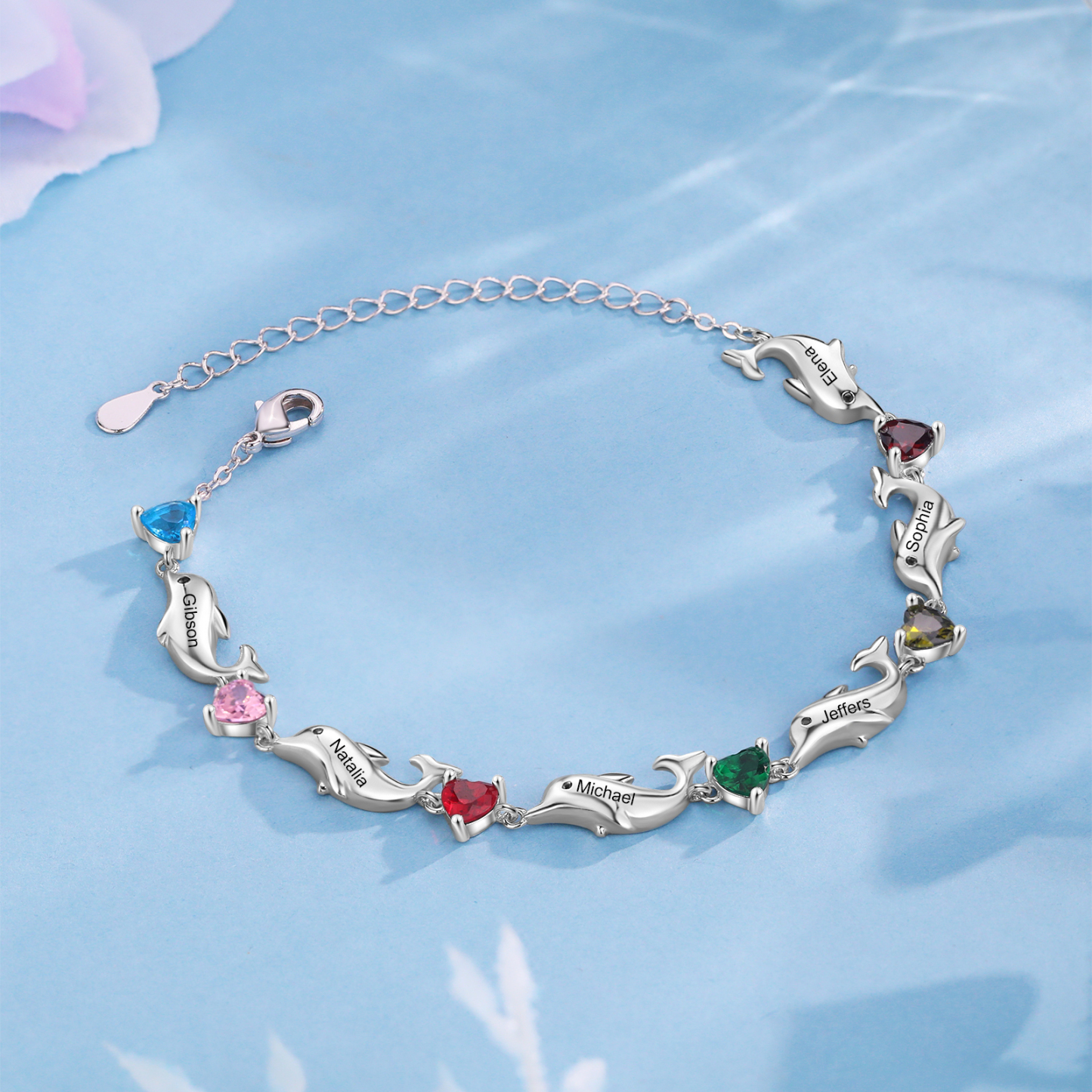 Dolphin Bracelet Personalised 6 Birthstones & 6 Names Women Bracelet-Jessemade AU