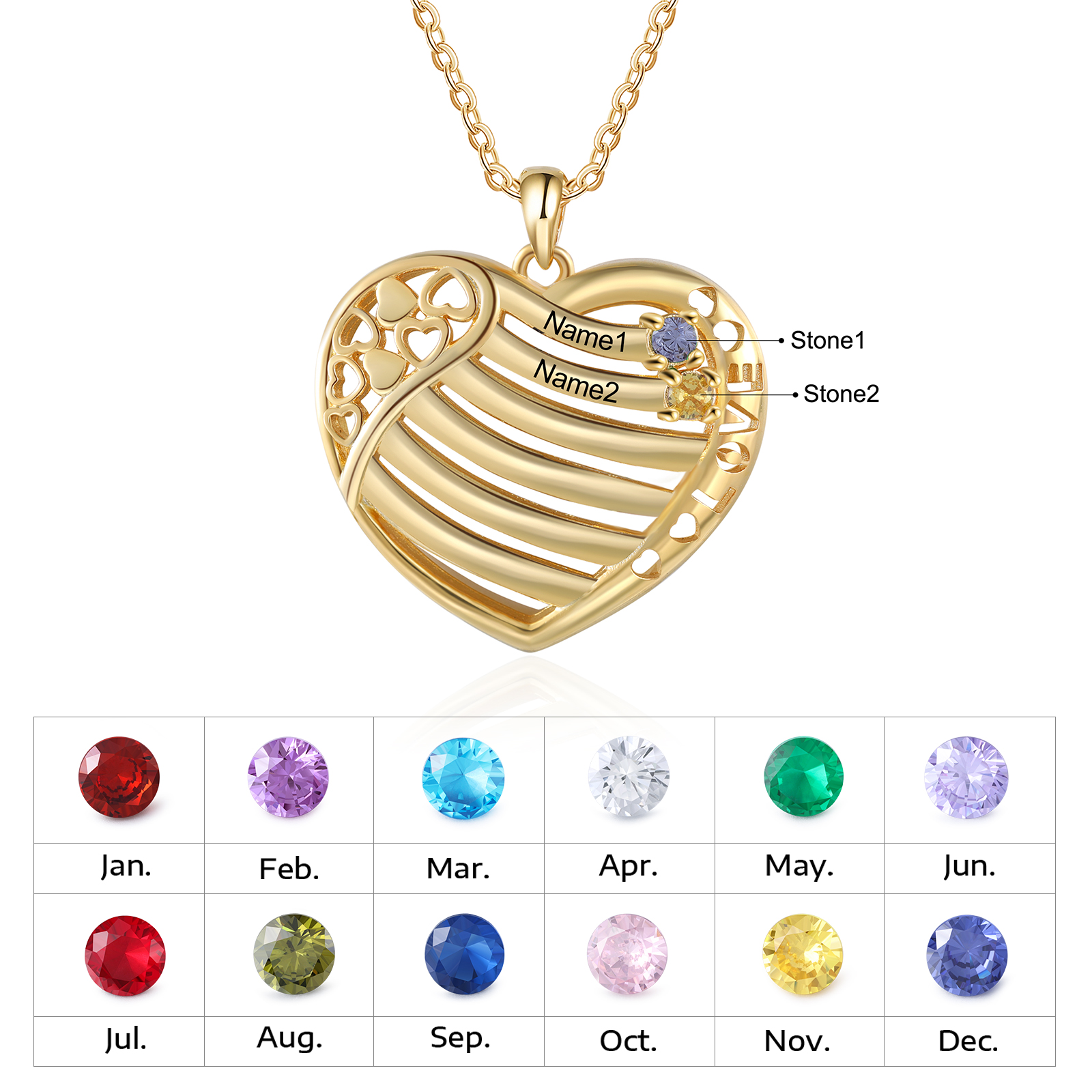 LOVE Heart Necklace Custom 2 Names & Birthstones Family Necklace Gifts For Her-Jessemade AU