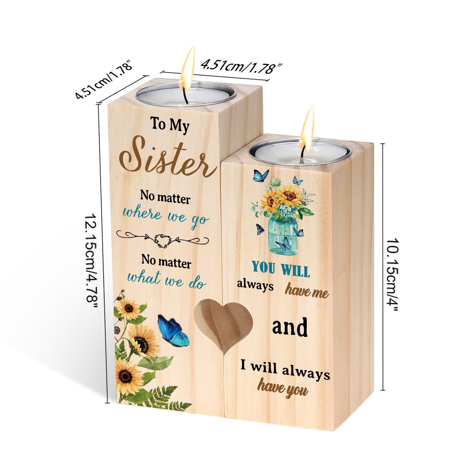 To My Sister Sunflowers Heart Candle Holder "I will always have you" Wooden Candlestick Gifts-Jessemade AU