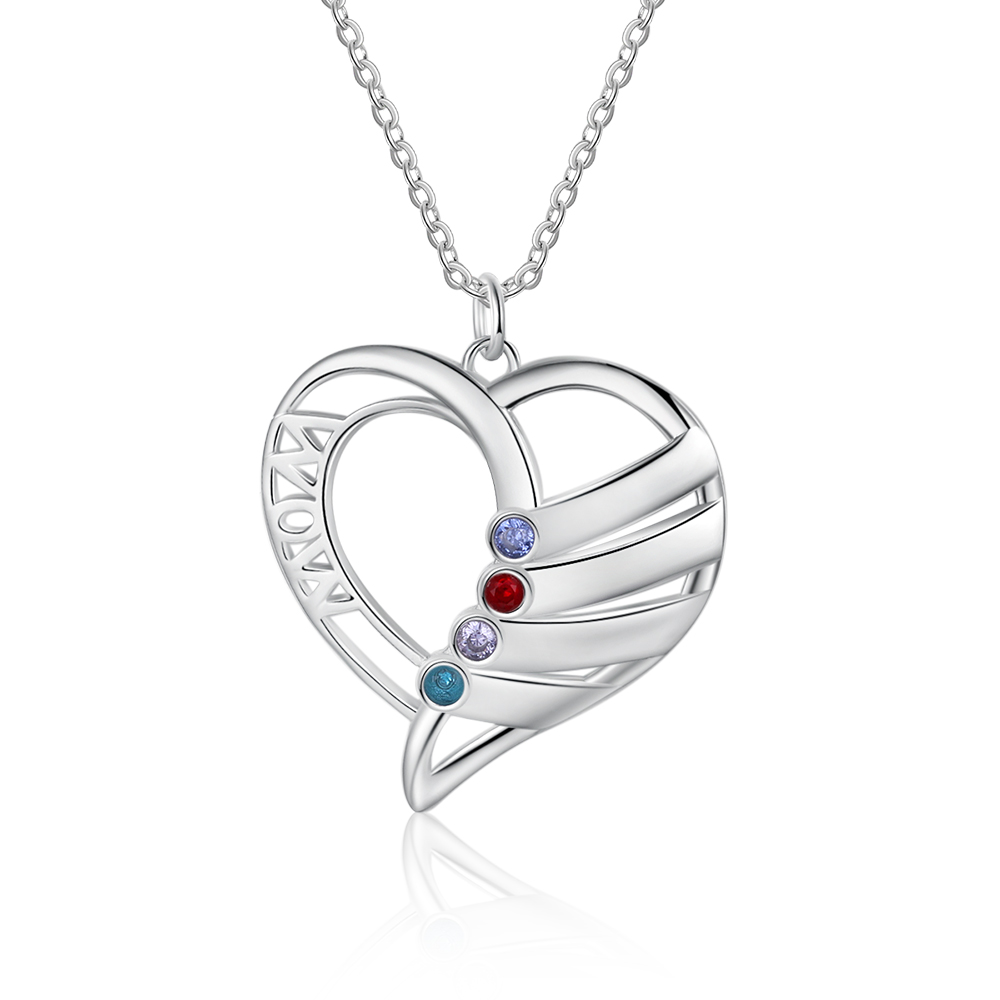 Personalised Heart Necklace With 4 Birthstones Engraved Names Gift For Mother-Jessemade AU