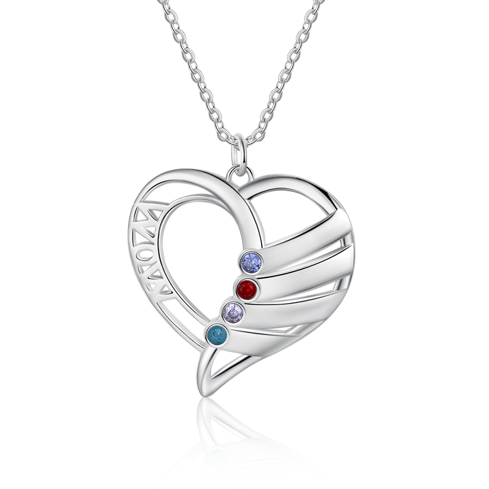 Personalised Heart Necklace With 4 Birthstones Engraved Names Gift For Mother-Jessemade AU