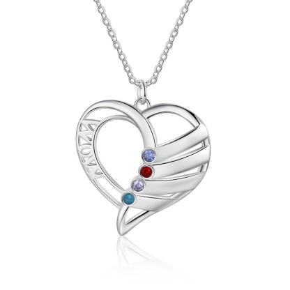 Personalised Heart Necklace With 4 Birthstones Engraved Names Gift For Mother-Jessemade AU