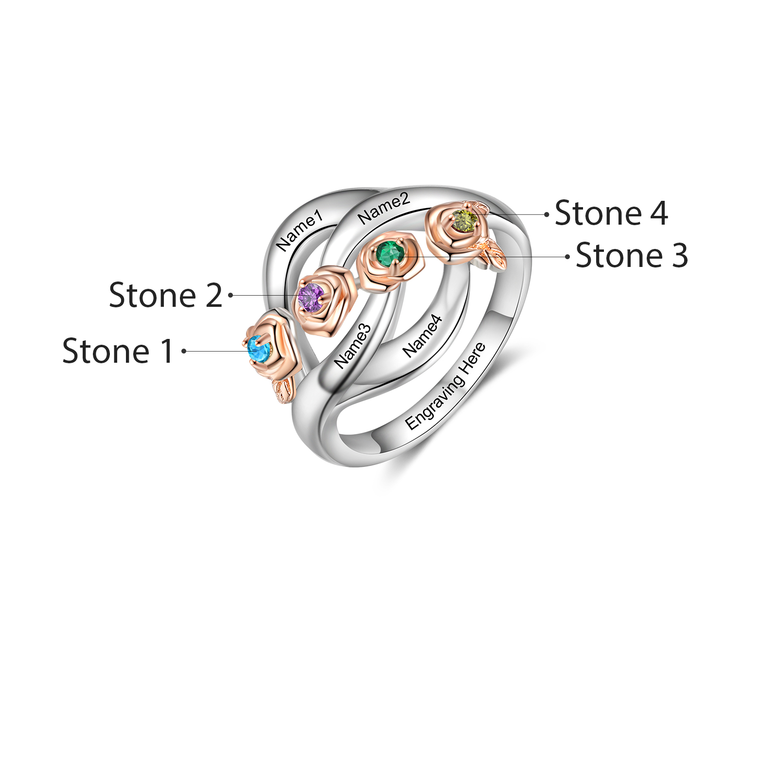 Personalised Rose Ring With 4 Birthstones Engraved Names Ring Gift For Women-Jessemade AU