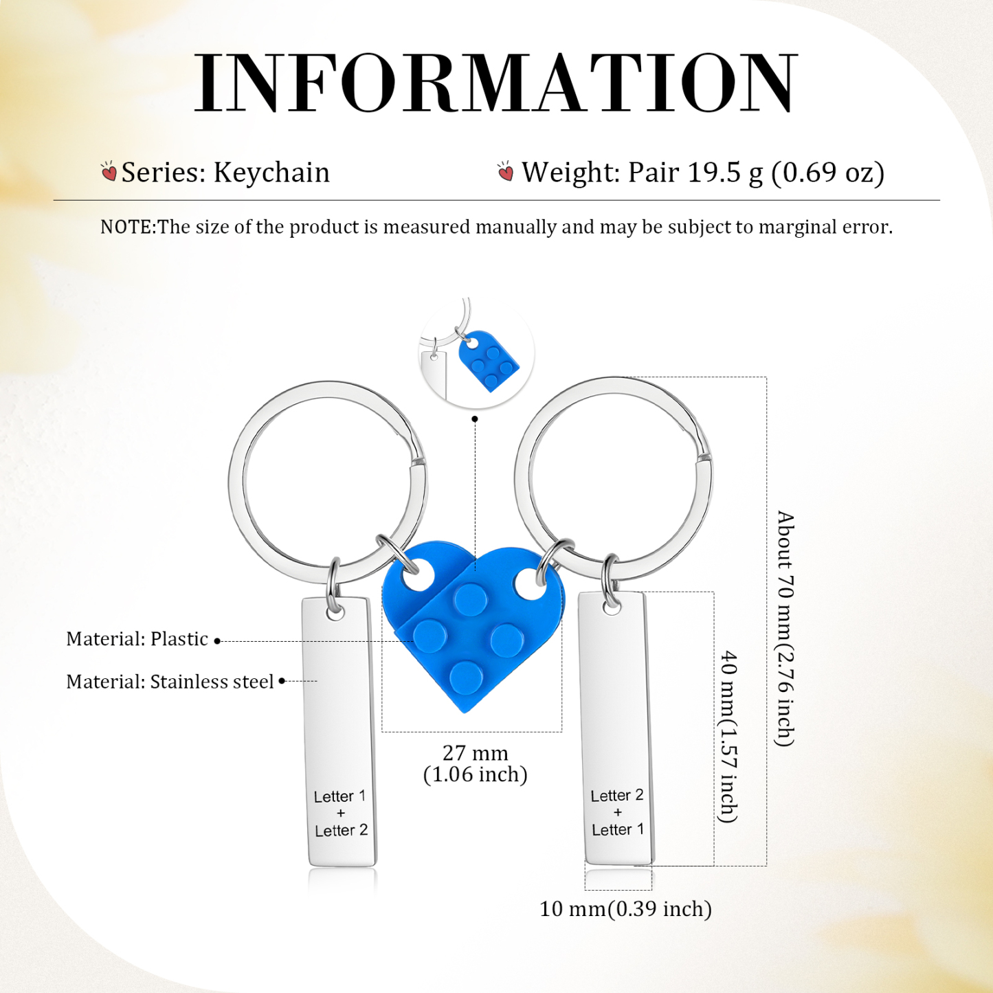 Brick Heart Keyring Set Custom 2 Letters Matching Couple Keychain Valentine's Day Gifts For Couples/Friends-Jessemade AU