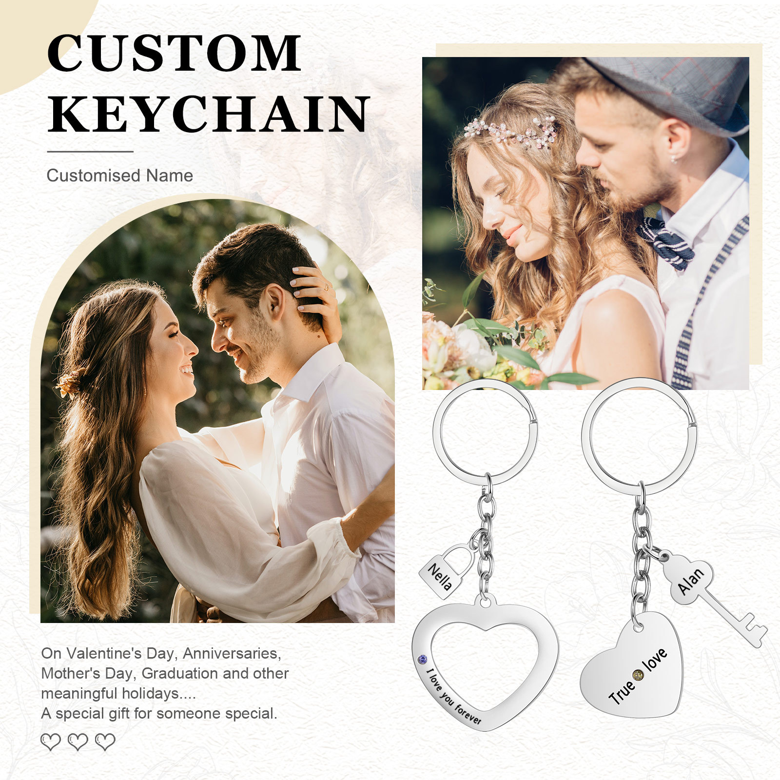 Personalised Couple Keychain Set Customised with 2 Names & 2 Birthstones Keychain Heart Matching Gift-Jessemade AU