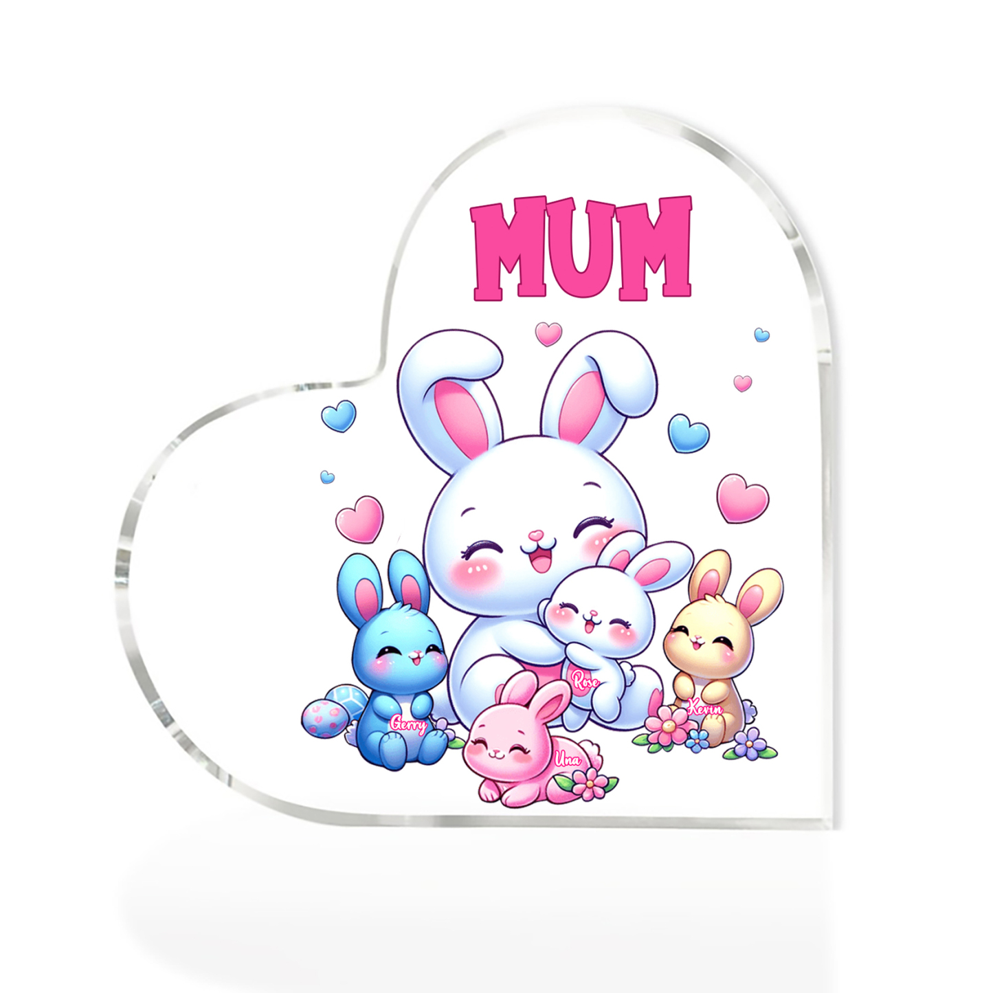 Personalised Text Acrylic Heart Keepsake Custom 4 Names Ornament Bunny Family Gifts For Mother/Grandma-Jessemade AU