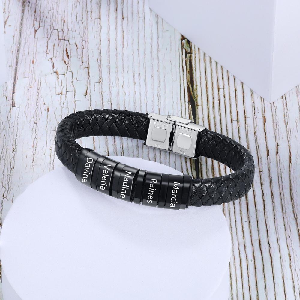 Men Leather Braided Bracelet Personalised with 5 Names 5 Beads Gift For Father's Day-Jessemade AU